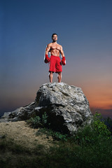 Fototapeta premium Young muscular male fighter wearing boxing gloves standing in a stance on a rock outdoors on sunset copyspace people lifestyle sports athletics sportsman fitness muscles combat martial fighting.