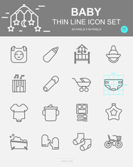 Set of Baby Vector Line Icons. Includes stroller, bib, bicycle, bed and more. 50 x 50 Pixel.