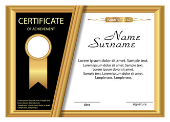 Template certificate of achievement. Gold design. Vector