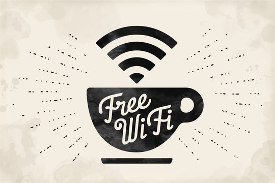 Poster with cup of coffee and text Free WiFi for street cafe. Sign free wifi area sign on a coffee cup. Black and white design with lettering. Vector Illustration