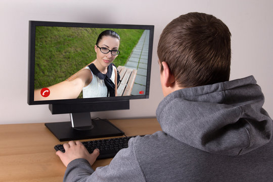 video call concept - man chatting with young woman