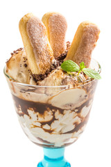Sweet and creamy tiramisu dessert on a white background
