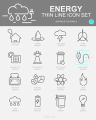 Set of Energy Vector Line Icons. Includes wind energy, Hydro energy, Solar Cell energy, Factory and more. 50x50 Pixel.