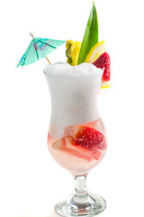 Summer light dessert with strawberries and sparkling juice on white