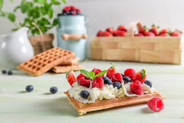 Waffle with whipped cream, berry fruit and whipped cream