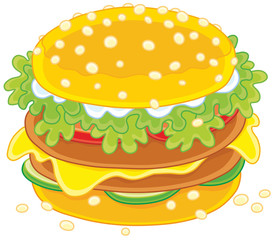 Big tasty sandwich with cutlets, greens and cheese