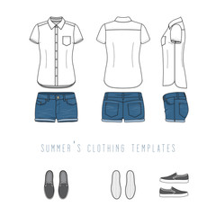 Naklejka premium Female clothing set of blue jeans shorts, white shirt, grey canvas shoes. Vector templates in front, back, side views for fashion design. Isolated on white background.
