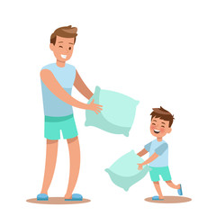 Dad and son playing pillow. character design.