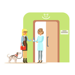 Woman holding a dog on a leash in veterinary clinic. Colorful cartoon character Illustration