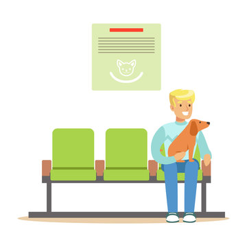 Man sitting in waiting hall with his pet dog and expecting for visiting a doctor. Colorful cartoon character Illustration