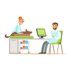 Smimling veterinarian examining dog in clinic. Colorful cartoon character Illustration