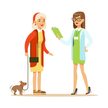 Smiling woman and her small dog at the veterinary clinic. Colorful cartoon character Illustration