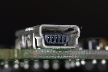 Mini USB connector on printed circuit board.