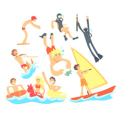 People On Summer Vacation At The Sea Playing And Having Fun With Water Sports On The Beach Set Of Illustrations
