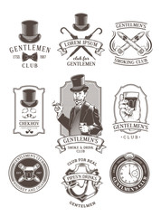 Set of vintage gentleman emblems, labels, icons, signage and design elements. Engraving style.