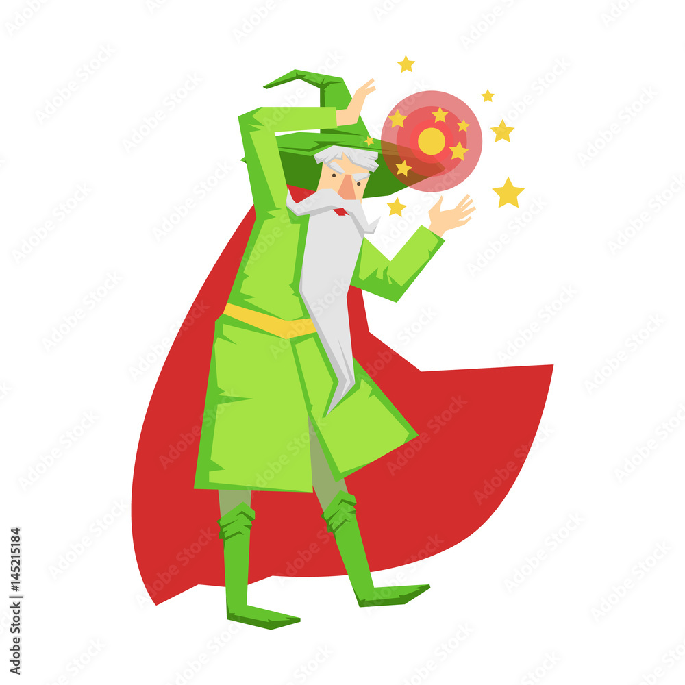 Wall mural Magic witch wizard in action with crystal ball. Colorful fairy tale character