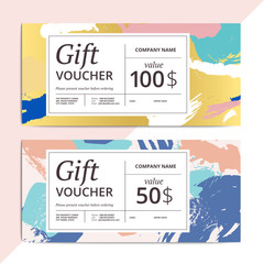 Trendy abstract gift voucher card templates. Modern luxury discount coupon or certificate layout with artistic brush stroke pattern. Vector fashion background design with information sample text.