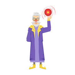 Magic witch wizard with crystal ball. Colorful fairy tale character Illustration