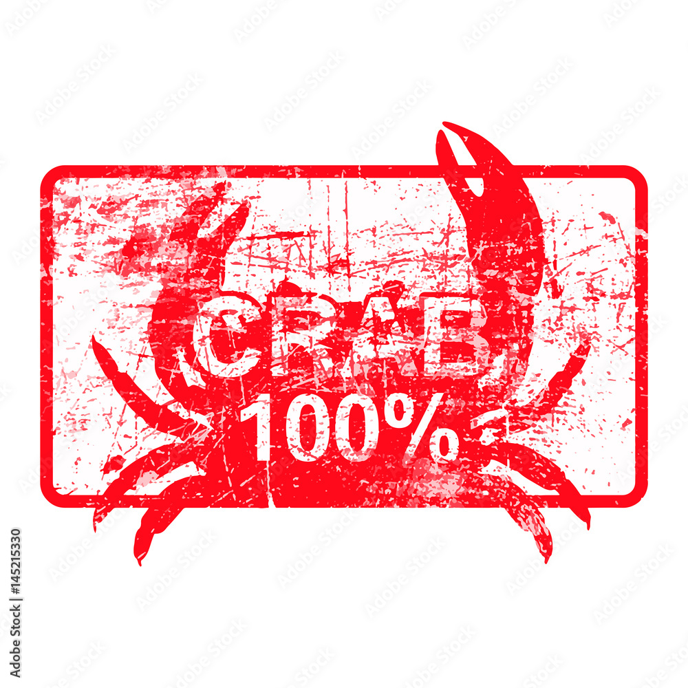 Wall mural crab 100 percent - red rubber dirty grungy stamp in rectangular vector illustration