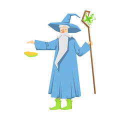 Old bearded wizard in a blue pointed hat holding magic staff. Colorful fairy tale character Illustration