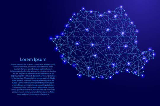 Map of Romania from polygonal blue lines and glowing stars vector illustration