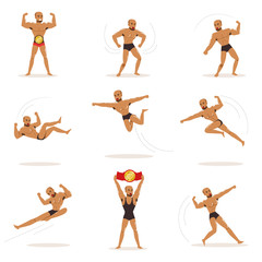 Freestyle Wrestling Fighter In Black Underwear Fighting Set Of Illustrations With Wrestler Sportsman.