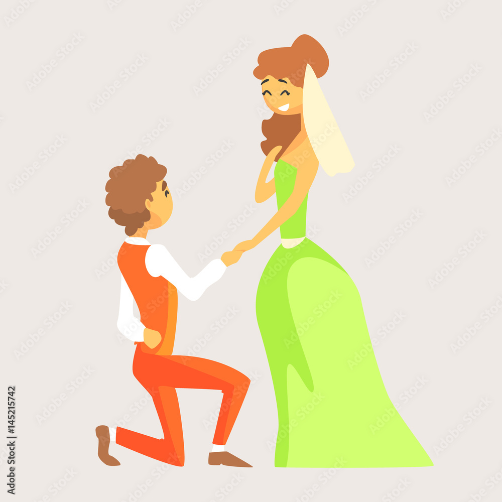 Sticker Groom kneels in front of his bride and holds her hand. Romantic couple colorful cartoon character