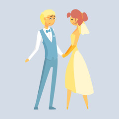 Bride and groom holding hands at wedding day. Romantic couple colorful cartoon character