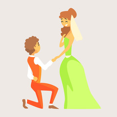 Groom kneels in front of his bride and holds her hand. Romantic couple colorful cartoon character