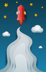 Flying red rocket in sky with clouds and stars. Science concept inspiration. Paper art cartoon realistic trendy craft style. Modern origami design template. Funny cute childrens vector illustration.