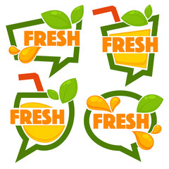 vector collection of bright and shine  stickers, emblems and banners for orange fresh juice