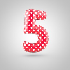 Red alphabet number 5 with white dots isolated on white background.