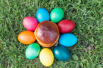 Fototapeta na wymiar colored Easter eggs on the grass and kulichikah