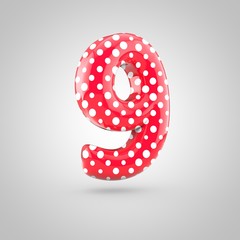 Red alphabet number 9 with white dots isolated on white background.