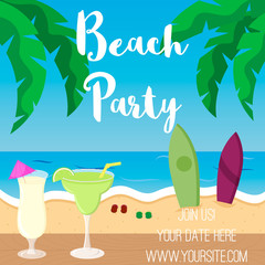 Surfer Beach Party poster in cartoon style.