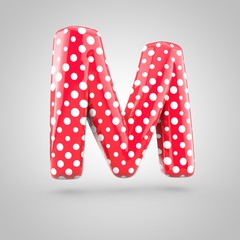 Red alphabet letter M uppercase with white dots isolated on white background.