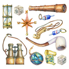 Set of nautical objects. Hand drawn watercolor painting on white background.