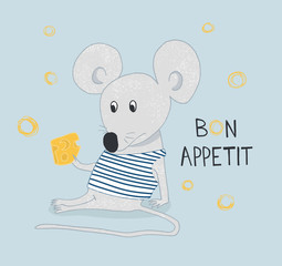 Hand drawn Funny mouse with cheese with hand drawn lettering bon appetite .Can be used for t-shirt design.