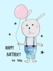 Hand drawn rabbit with balloon with hand drawn lettering happy birthday. Can be used for t-shirt design.