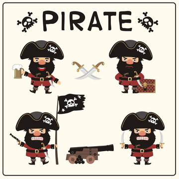 Set isolated pirate in cartoon style. Collection angry pirate in different poses with pistol, sword, beer mug, ship gun and pirated flag.