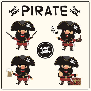 Set isolated pirate in cartoon style. Collection jolly pirate in different poses with pistols, sword, beer mug, rum, and chest with treasures.