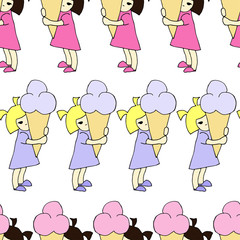 Little girls with ice-cream, seamless pattern on white background.