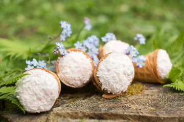dessert - waffle cones in green leaves