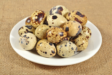 Quail eggs in a white bowl in a sacking