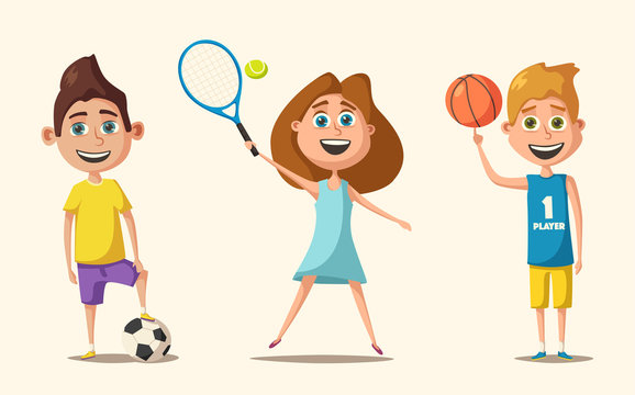 Little basketball, tennis and football players. Cartoon vector illustration