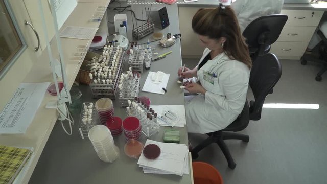 Caucasian female laboratory technician in white coat sits at the table with microbiology glassware and marks test tubes for bacteriological analysis, crane shot, tilt down, room interior.