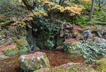 Waterfall garden at Ginkakuji temple during autumn colors in kyoto, Japan