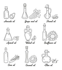 9 isolated doodle cooking oils. Sketchy hand drawn set of edible vegetable food oil. With origin products olive, apricot, corn, grape seed, walnut, coconut, avocado, peanut and sunflower.