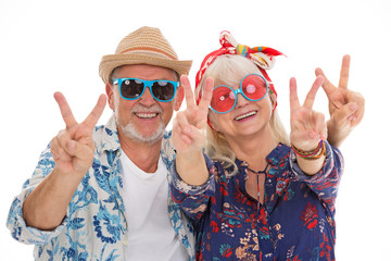 Senior couple dressed like a hippie
