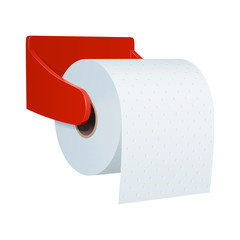 рулон туалетной бумаги с тиснением, в пластиковом красном настенном держателе, на белом фоне